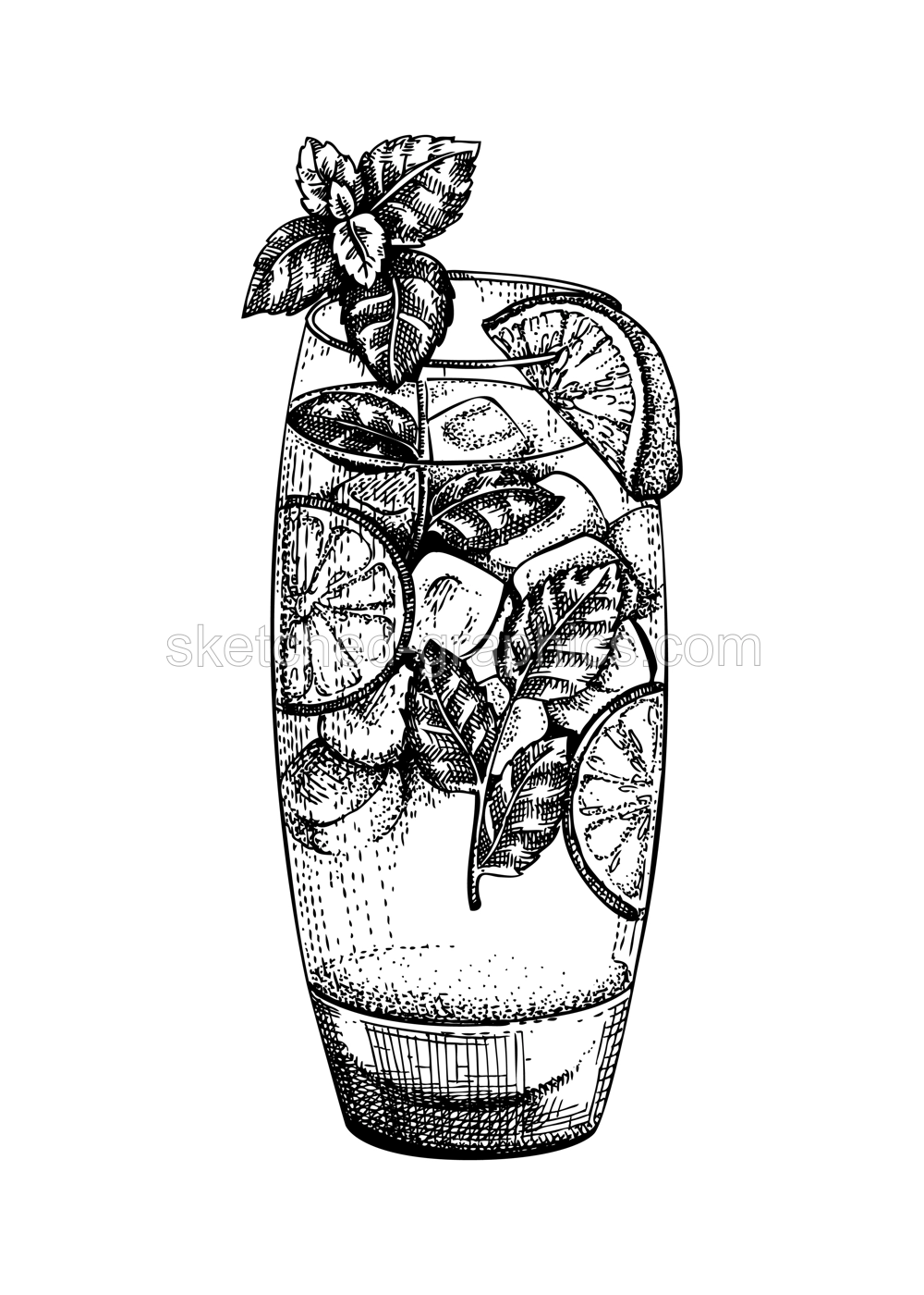 Mojito mocktail sketch. Virgin mojito hand-drawn vector illustration. Non-alcoholic cocktail with lime and mint drawing in engraved style. Bar menu design element. NOT AI-generated Illustration